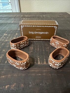 Pottery Barn Brown Gingerbread-Style Ceramic Napkin Rings - Set of 4